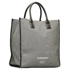 Burberry-Leather-Trimmed Logo Canvas Tote Bag 8050814-Black