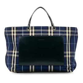 Burberry-Plaid Canvas Tote Handbag-Blue