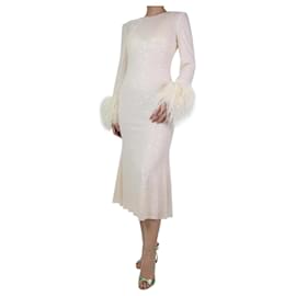 Self portrait-Cream feather-trimmed sequined dress - size UK 10-Cream