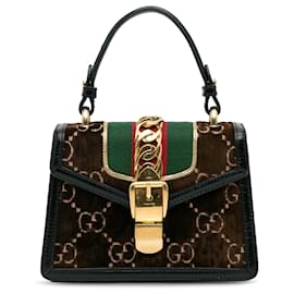 Gucci-Bolso satchel Sylvie de terciopelo mini GG marrón de Gucci-Castaño,Marrón oscuro