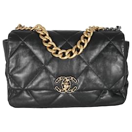 Chanel-Chanel Black Shiny Lambskin Chanel 19 flap bag-Black