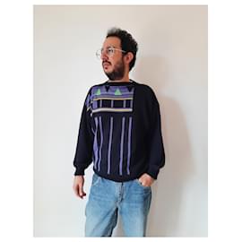Gianni Versace-Gianni Versace tricots vintage hommes pull en laine 80S 90S-Noir,Multicolore