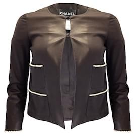 Autre Marque-Chanel Brown Pearl Embellished Silk Lined Lambskin Leather Jacket-Brown