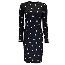 Autre Marque-Dolce & Gabbana Black / White Polka Dot Print Long Sleeved Crepe Midi Dress-Black