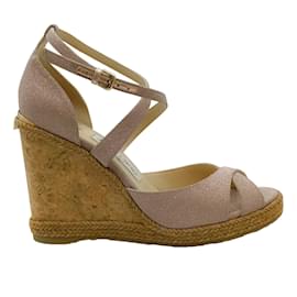 Autre Marque-Jimmy Choo Rose Gold Glitter Cork Wedge Sandals-Pink