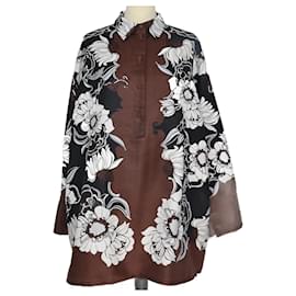 Valentino-brown/White Oversized Floral Faille Mini Shirt Dress-Brown