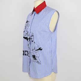 Prada-Blue/White Striped Button-Up Short Sleeve Top-Blue