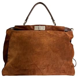 Fendi-Fendi Peekaboo Brown Suede Leather Tote Large Handbag with removable strap-Brown