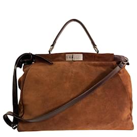 Fendi-Fendi Peekaboo Brown Suede Leather Tote Large Handbag with removable strap-Brown