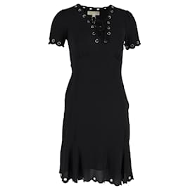 Michael Kors-Michael Kors Eyelet Lace-Up Scallop Dress in Black Polyester-Black