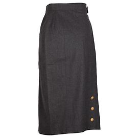 Chanel Gold Button Midi Skirt in Grey Wool Brown