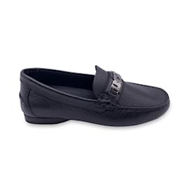 Versace-Black Leather Mocassins Loafers Car Flat Shoes Size 38.5-Black
