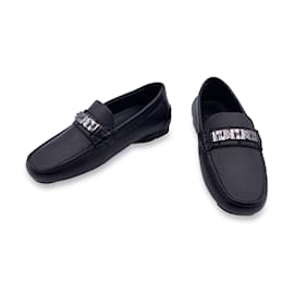 Versace-Schwarze Leder-Mokassins-Loafer, flache Auto-Schuhe, Größe 38.5-Schwarz