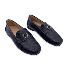 Versace-Black Embossed Leather Mocassins Loafers Car Shoes Size 39-Black