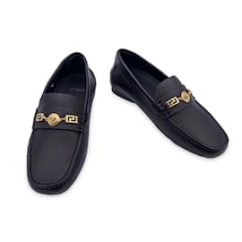 Versace-Black Leather Medusa Greek Chain Car Shoes Loafers Size 38-Black