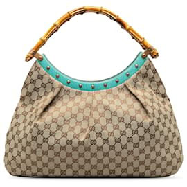 Gucci-Gucci Brown GG Canvas Bamboo Studded Handbag-Brown,Other,Turquoise