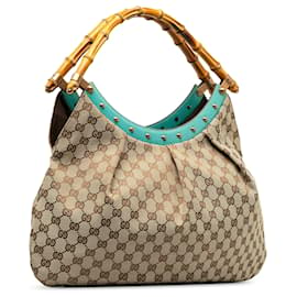 Gucci-Gucci Brown GG Canvas Bamboo Studded Handbag-Brown,Other,Turquoise