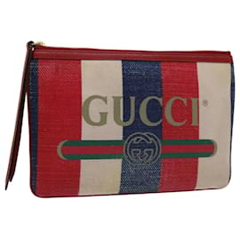 Gucci-GUCCI Clutch Bag Lona Azul Branco Vermelho 524788 Autenticação11302-Branco,Vermelho,Azul
