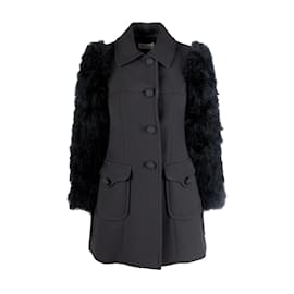 Valentino-Red Valentino Wool Coat with Animal Feather Sleeves-Black