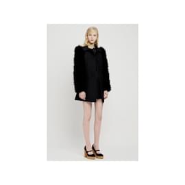 Valentino-Red Valentino Wool Coat with Animal Feather Sleeves-Black