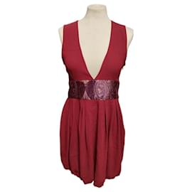ROCCOBAROCCO-ROCCO BAROCCO burgundy red dress with damask band at the waist-Dark red