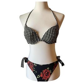 Biquíni GUESS com top branco estampado Vichy xadrez/cueca floral preta e nova Multicor