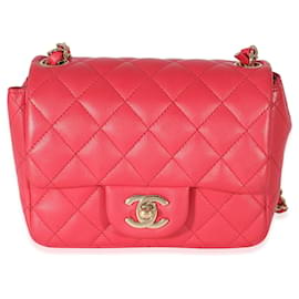 Chanel-Chanel Mini bolso cuadrado con solapa de piel de cordero acolchado rosa oscuro-Rosa