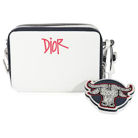 Dior-Dior x Shawn Stussy White Grained calf leather lined Zip Crossbody Pouch-White