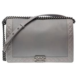 Chanel-CHANEL Boy Bag in Gray Leather - 101696-Grey