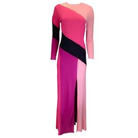 Prabal Gurung-Prabal Gurung Rosa / roxa / Vestido maxi colorblock com detalhe de malha preta de manga comprida-Multicor