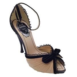 Rene Caovilla-Rene Caovilla Champagne / Black Bow Detail Velvet Trimmed Pleated Satin Open Toe Ankle Strap Heels-Beige