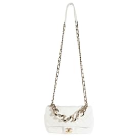 Chanel-Chanel Bolso elegante con solapa de cadena y piel de cordero acolchada blanca-Blanco