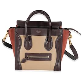 Céline-Celine Burgundy Beige Brown Tri-Colour Suede Leather Nano Luggage-Brown