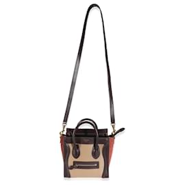 Céline-Bagage Nano en cuir suédé tricolore Celine bordeaux beige marron-Marron