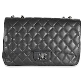 Chanel-Sac à main Chanel Jumbo Classic en caviar noir matelassé à rabat simple-Noir