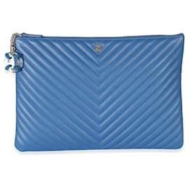 Chanel-Chanel Blue Quilted Chevron Lambskin Large O Case-Blue