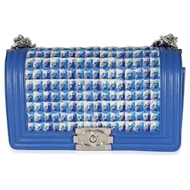 Chanel-Bolsa Chanel Azul Pele de Cordeiro Tweed Velha Média-Azul