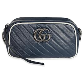 Gucci-Gucci Navy White Matelasse Leather Small Torchon GG Marmont Shoulder Bag-White,Blue