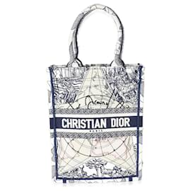 Christian Dior-Christian Dior Tote tipo libro vertical de lona bordada en azul y blanco-Blanco,Azul,Beige