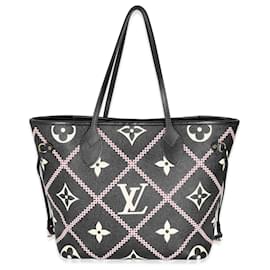 Louis Vuitton-Louis Vuitton Black Monogram Empreinte Broderies Neverfull MM-Black,Pink,White