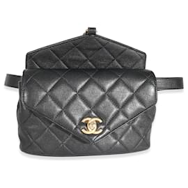 Chanel-Chanel Bolso de cintura con solapa elegante y acolchado en piel de becerro negra de Chanel-Negro
