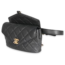 Chanel-Chanel Bolso de cintura con solapa elegante y acolchado en piel de becerro negra de Chanel-Negro