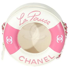 Chanel-Chanel Rosa Branco Pele de Cordeiro PVC Redondo Coco Lifesaver-Rosa,Branco