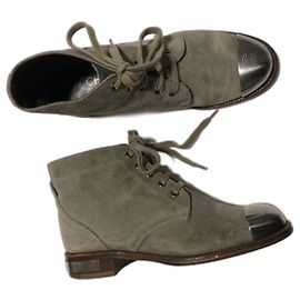 Chanel Grey Suede Combat Boots with Silver CC Logo Grey Silver hardware