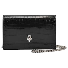Alexander Mcqueen-Skull Mini Bag in Black Crocodile Effect Leather-Black