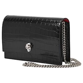 Alexander Mcqueen-Skull Mini Bag in Black Crocodile Effect Leather-Black