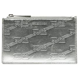 Balenciaga-Balenciaga Silver BB Monogram Leather Card Case-Silvery