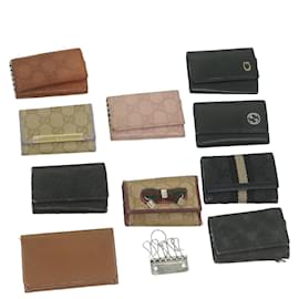 Gucci-GUCCI GG Canvas Key Case Leather 10Set Beige Brown black Auth 62874-Brown,Black,Beige