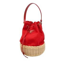 Prada-Red Prada Midollino and Canapa Bucket Bag-Red