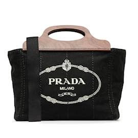 Prada-Cartable noir avec logo Canapa et poignée en bois Prada-Noir